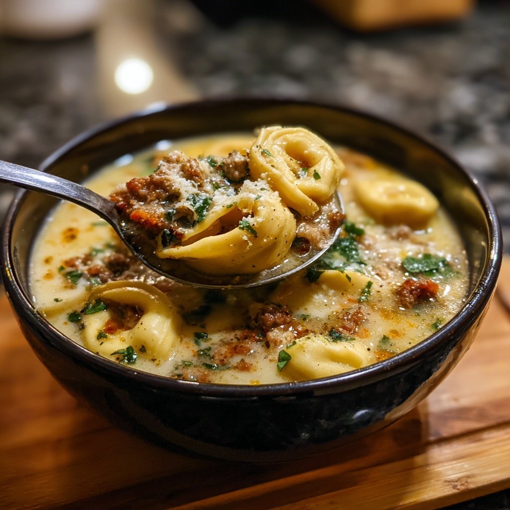 Romige tortellini soep met Italiaanse worst