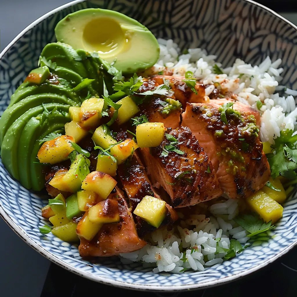 BBQ Salmon Bowls with Mango Avocado Salsa
