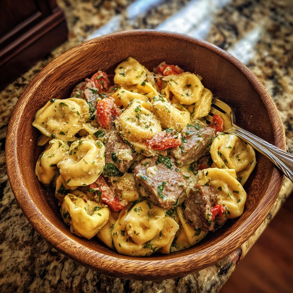 One Pot Garlic Parmesan Steak Tortellini