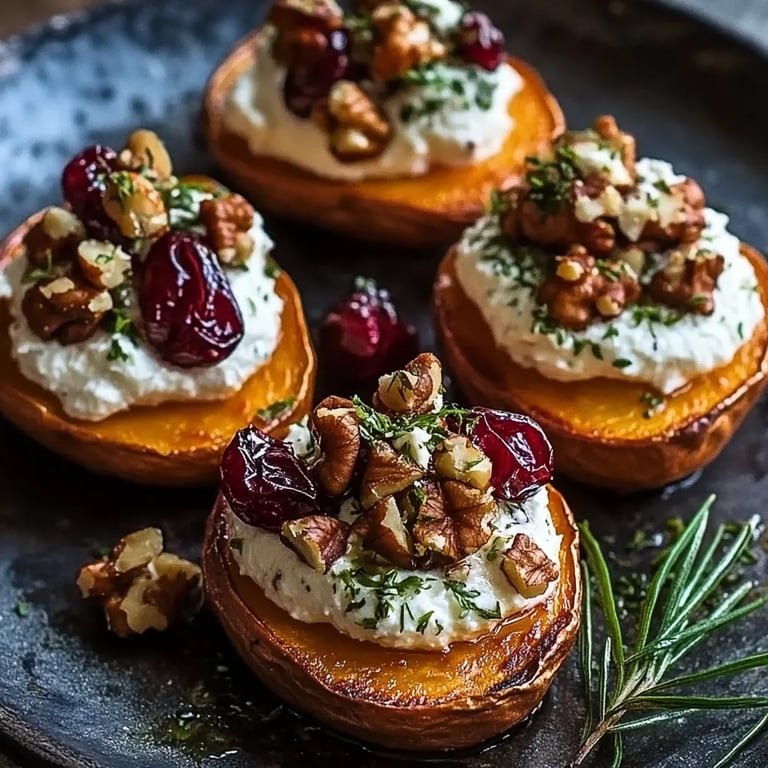 Roasted Sweet Potato Rounds with Herbed Ricotta, Walnuts, and Cranberries